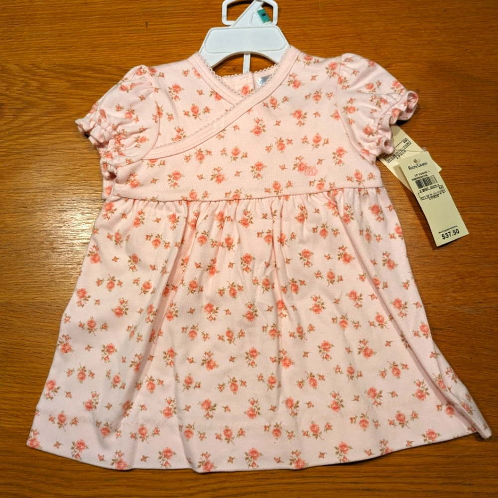 Ralph Lauren Two Piece Pink Floral Layette Dress with Diaper Cover 6 Months NWT
